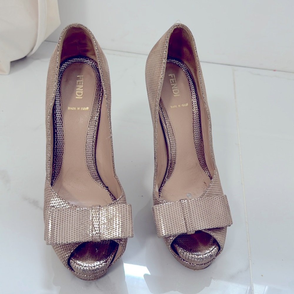 Fendi size 8 ,38  Peep Toe Heel Wedge, gold shimmer  leather